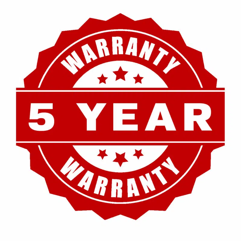 RED AND WHITE lOGO SAYING 5 YEAR WARRANTY