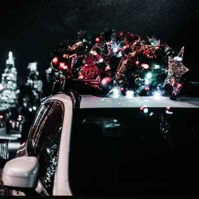 Close up of Christmas decorations on a car