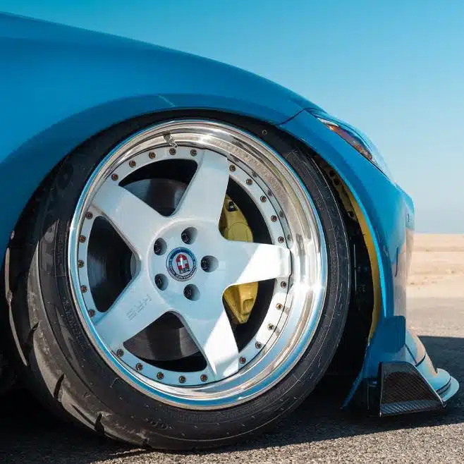 Close up of a lowered Nissan Z front wheel
